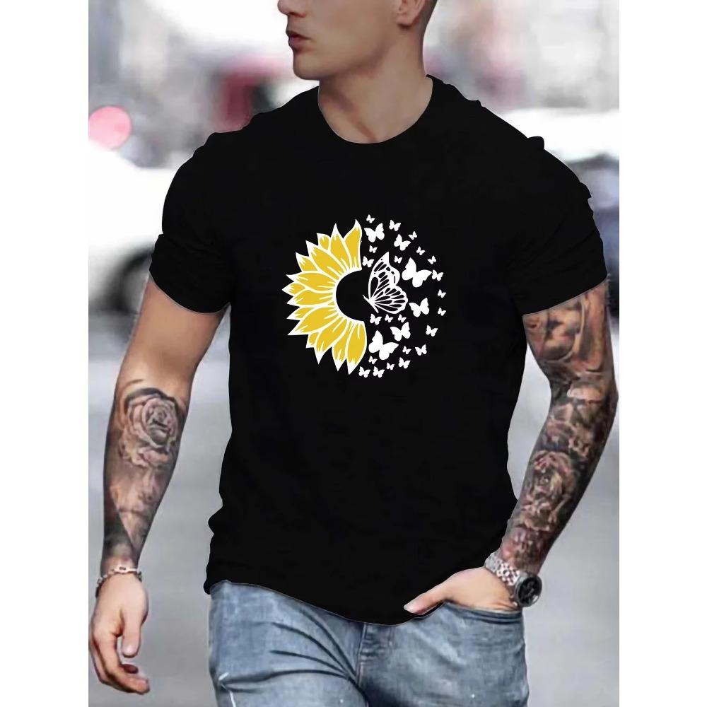 Sunflower Butterfly Print T-Shirt for Men's Casual Crew Neck Short-Sleeve Fashion Summer T-Shirt
