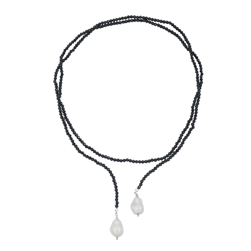 GEMCHIC Women s Handmade Black Crystal Beaded Long Necklace with Irregular Pearl Pendant for Sweater