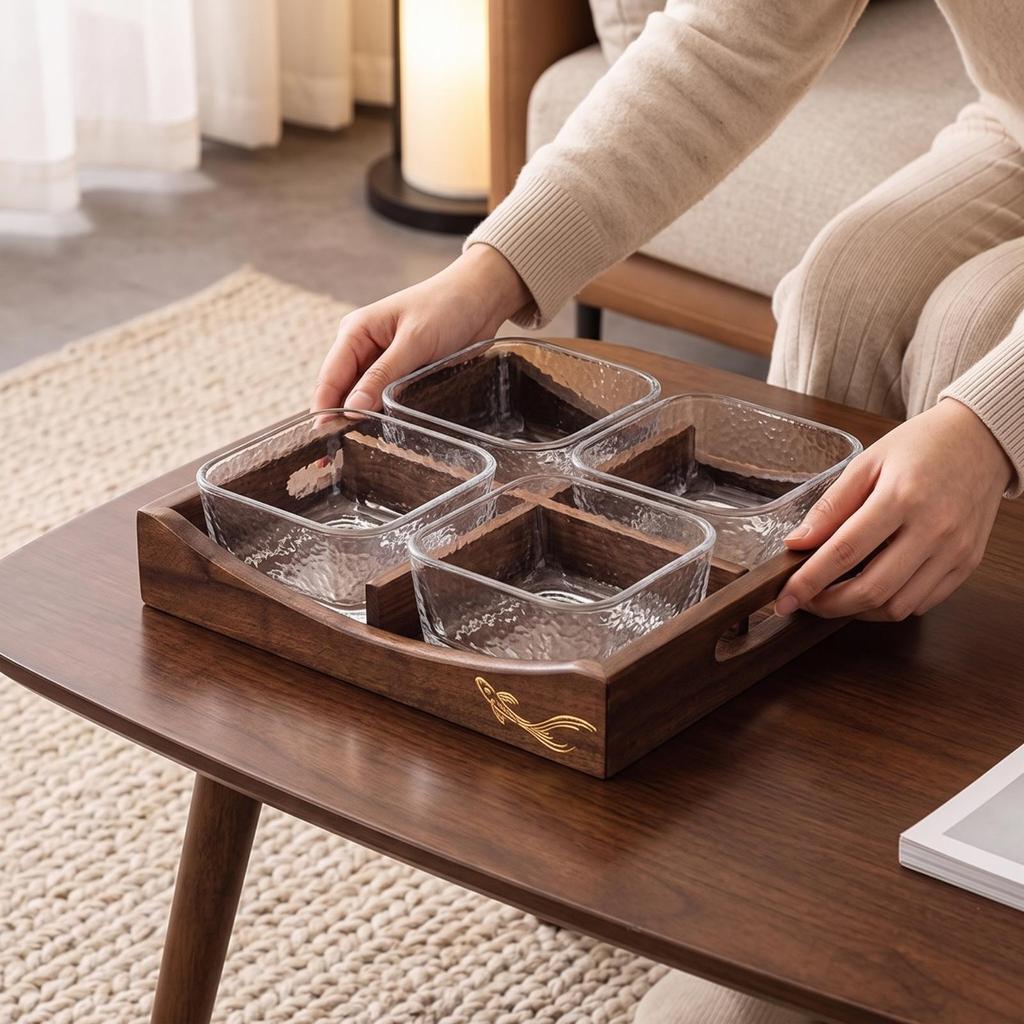 Getrennte Vorspeisenplatte mit Schalen | Walnuss, Holz Snack Tablett Glas