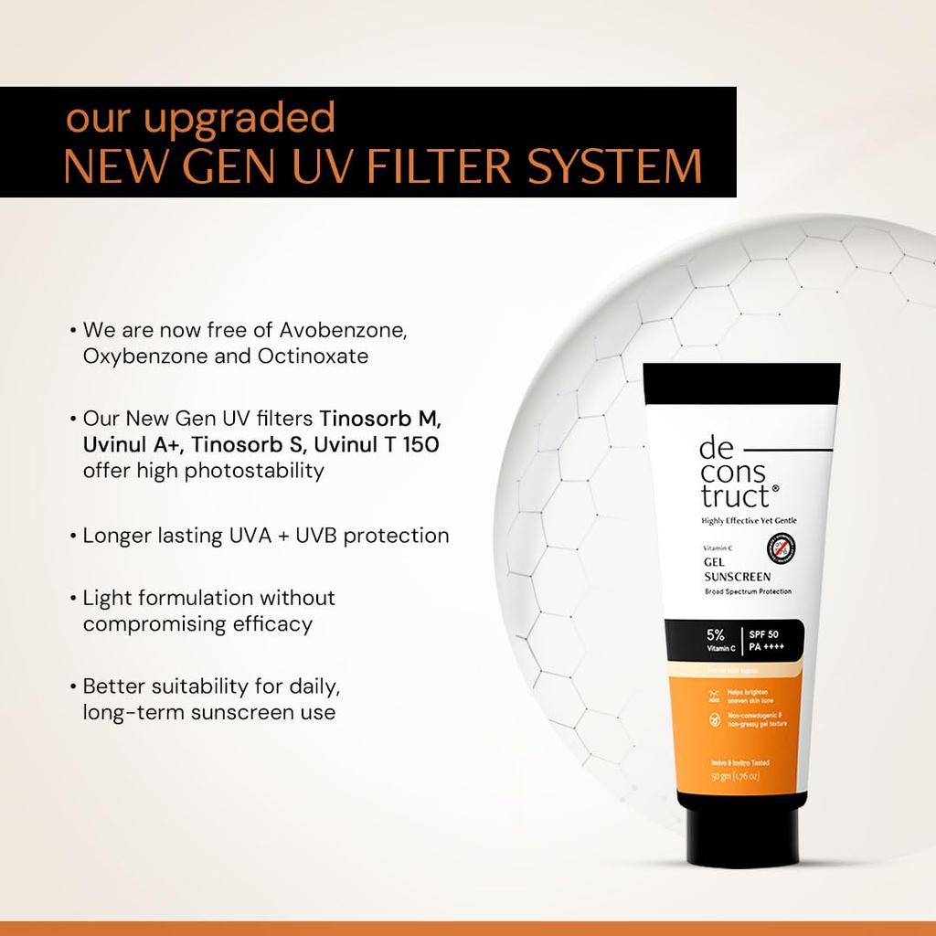 Deconstruct 5% Vitamin C Gel Sunscreen for Oily Skin SPF 50 PA++++ | Brightens Skin Tone | New Gen UV Filters | Lightweight & Non-greasy | In viv