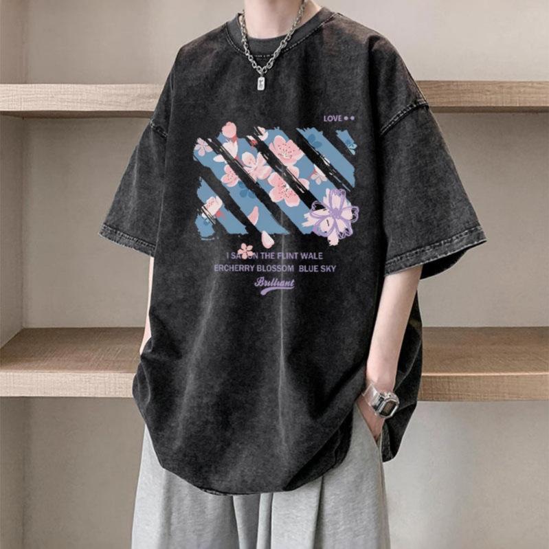 American printed washed short-sleeved T-shirt men's and women's summer trendy brand retro hiphop large size couple's pure cotton top