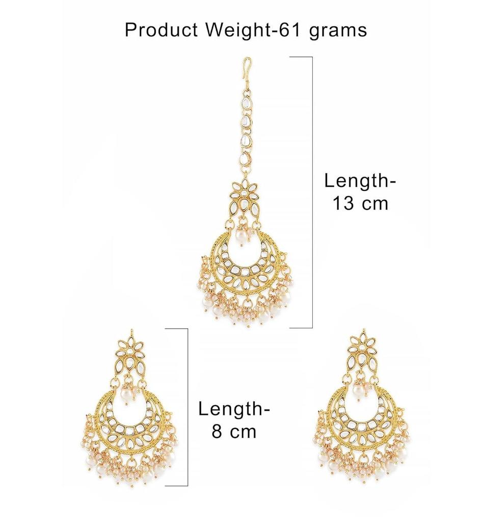 Gold Tone Kundan & Pearls Traditional Earring & Maangtikka Set For Women