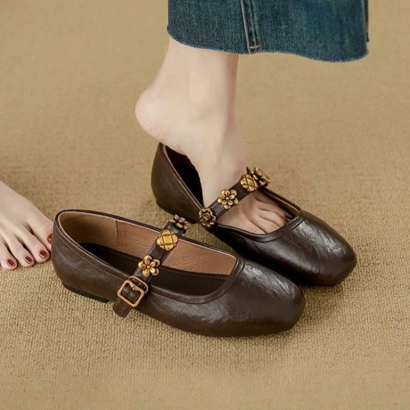 Soft sheepskin retro Mary Jane shoes women's spring and summer new shallow single shoes flat bottom one-word buckle small leather shoes