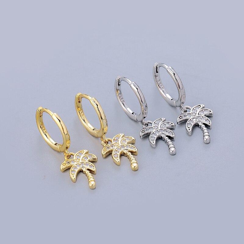 925 Sterling Silver Pave Zircon Coconut Tree Hoop Earrings Female Golden  Selling Korean Jewelry
