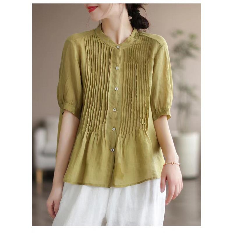 

Летний топ из тонкого льна в стиле ретро, женская тонкая хлопковая льняная рубашка с короткими рукавами, блузки и рубашки M жёлтый