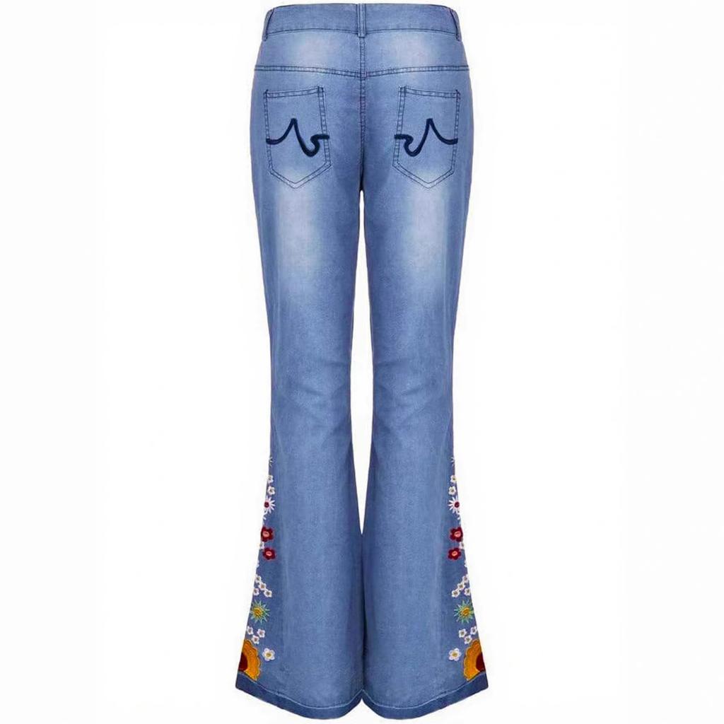 Women's High Waisted Floral Embroidered Flared Jeans Stretchy Slim Fit Vintage Retro Bootcut Full Length Hip Lifting Casual Denim Trousers