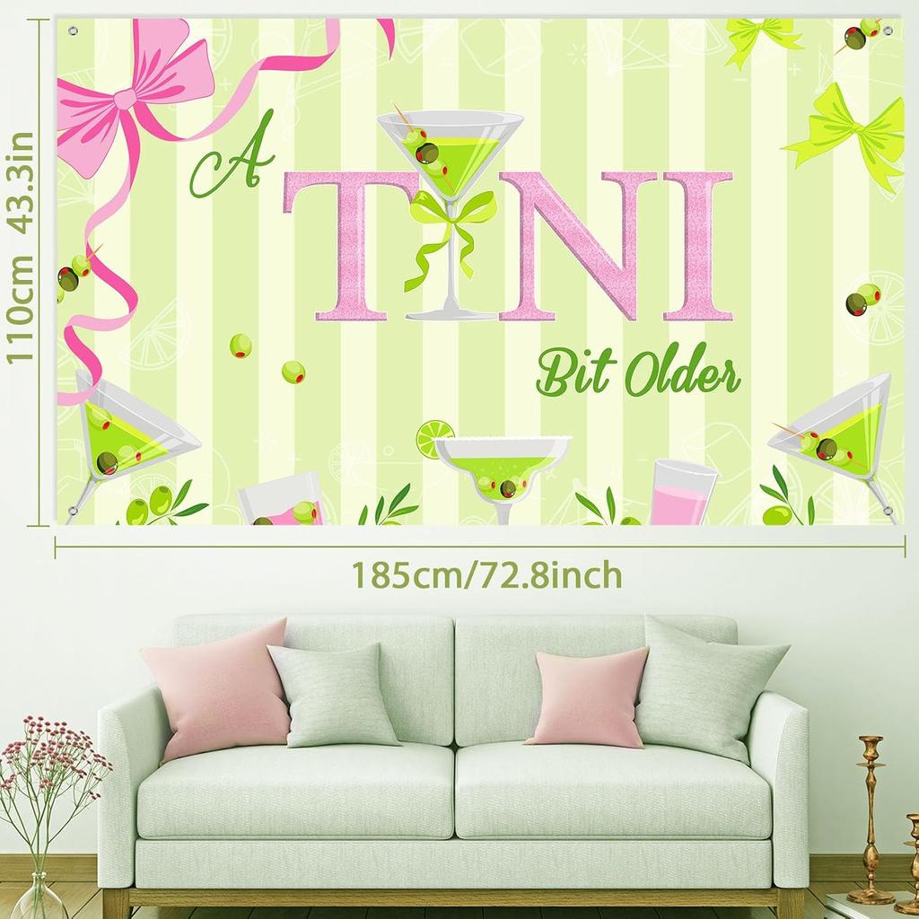 Tiamon a Tini Bit Older Party Decorations Martini Bow Birthday Backdrop Banner Large Fabric Green Pink Martini Bar Birthday Photo Backdrop for