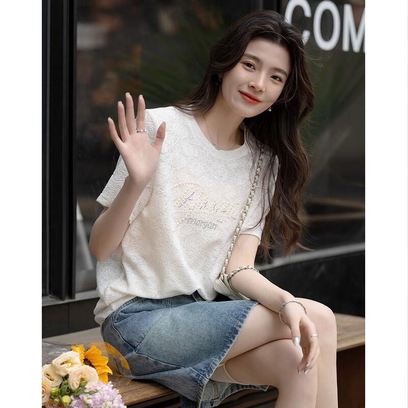 Demana Little Rose Pearl Letter Jacquard T-Shirt S