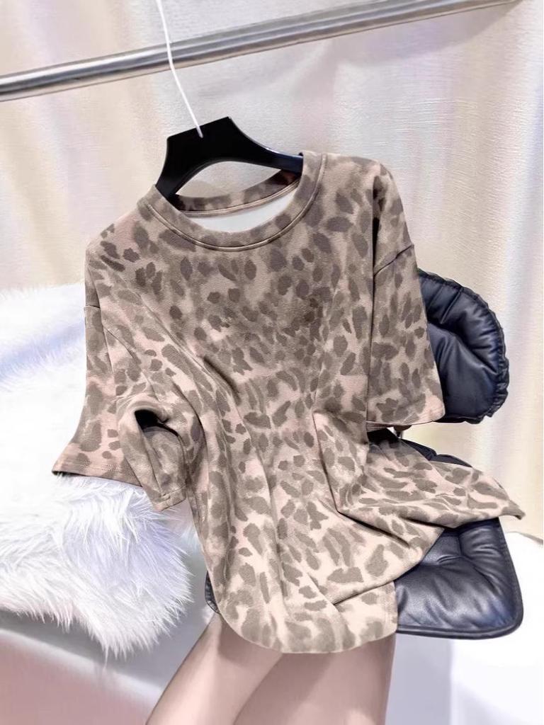Leopard Print Loose Korean Style Short Sleeve Women's Top