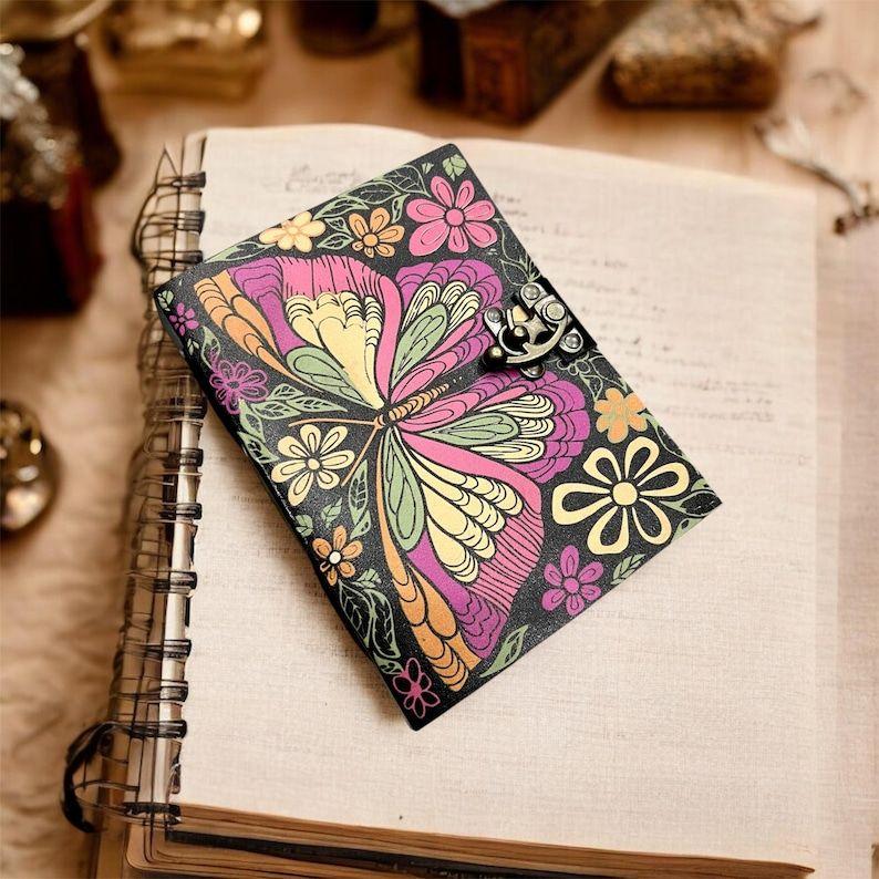 Handmade Butterfly Leather Journal – Vintage Floral Diary with Lock