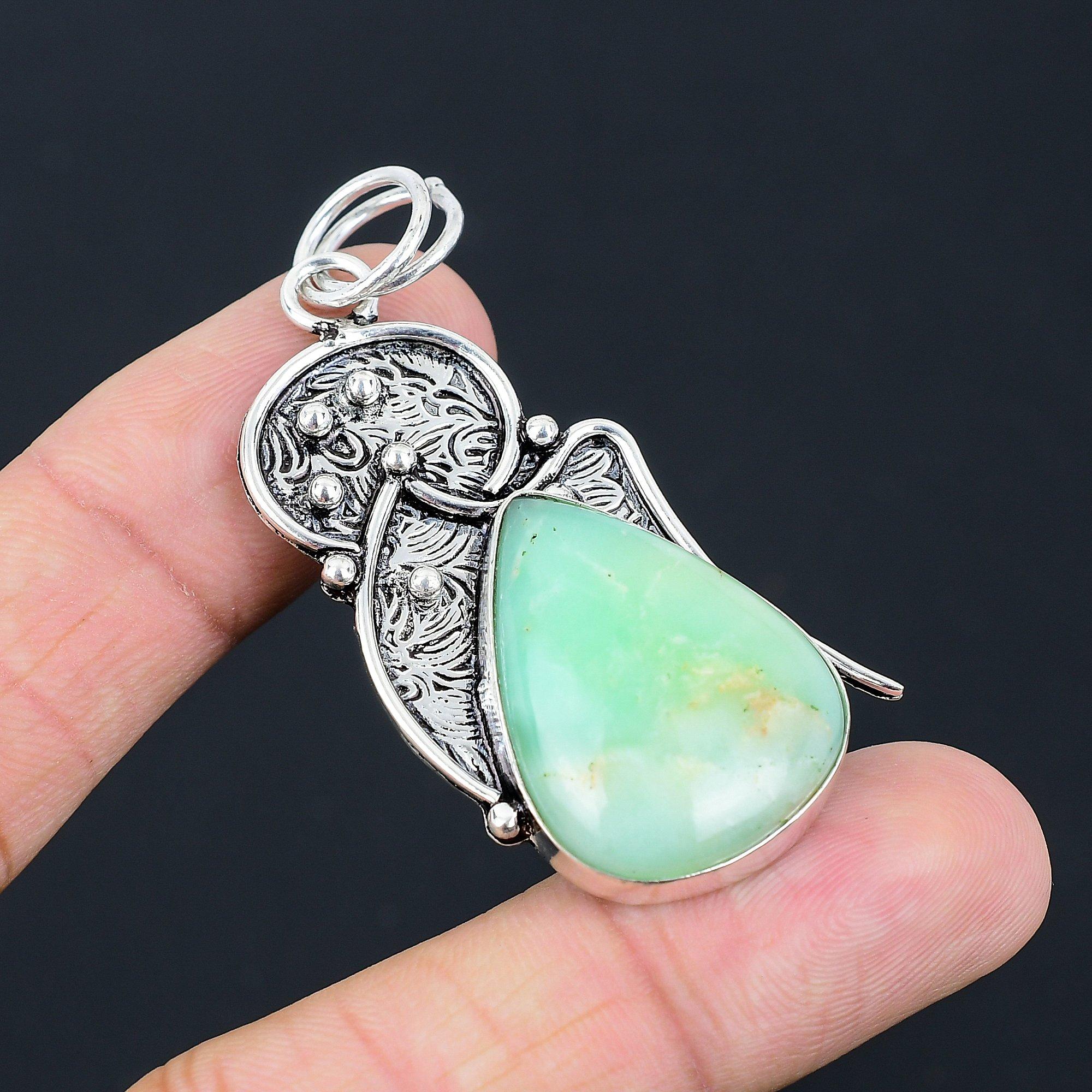 Anniversary Gift For Her Natural Chrysoprase Gemstone Pendant 925 Silver