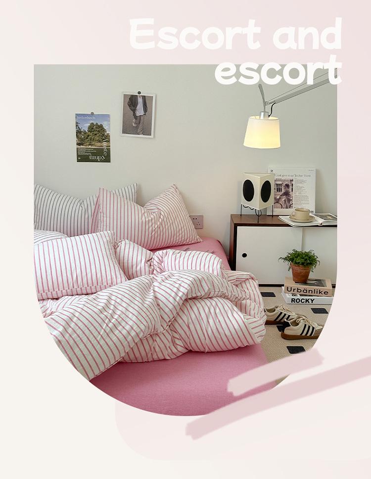 Pure Cotton Four-Piece Bedding Set: Striped Duvet Cover, Bed Sheet for Dorms, A-Class Washed Cotton, Perfect for All Seasons.