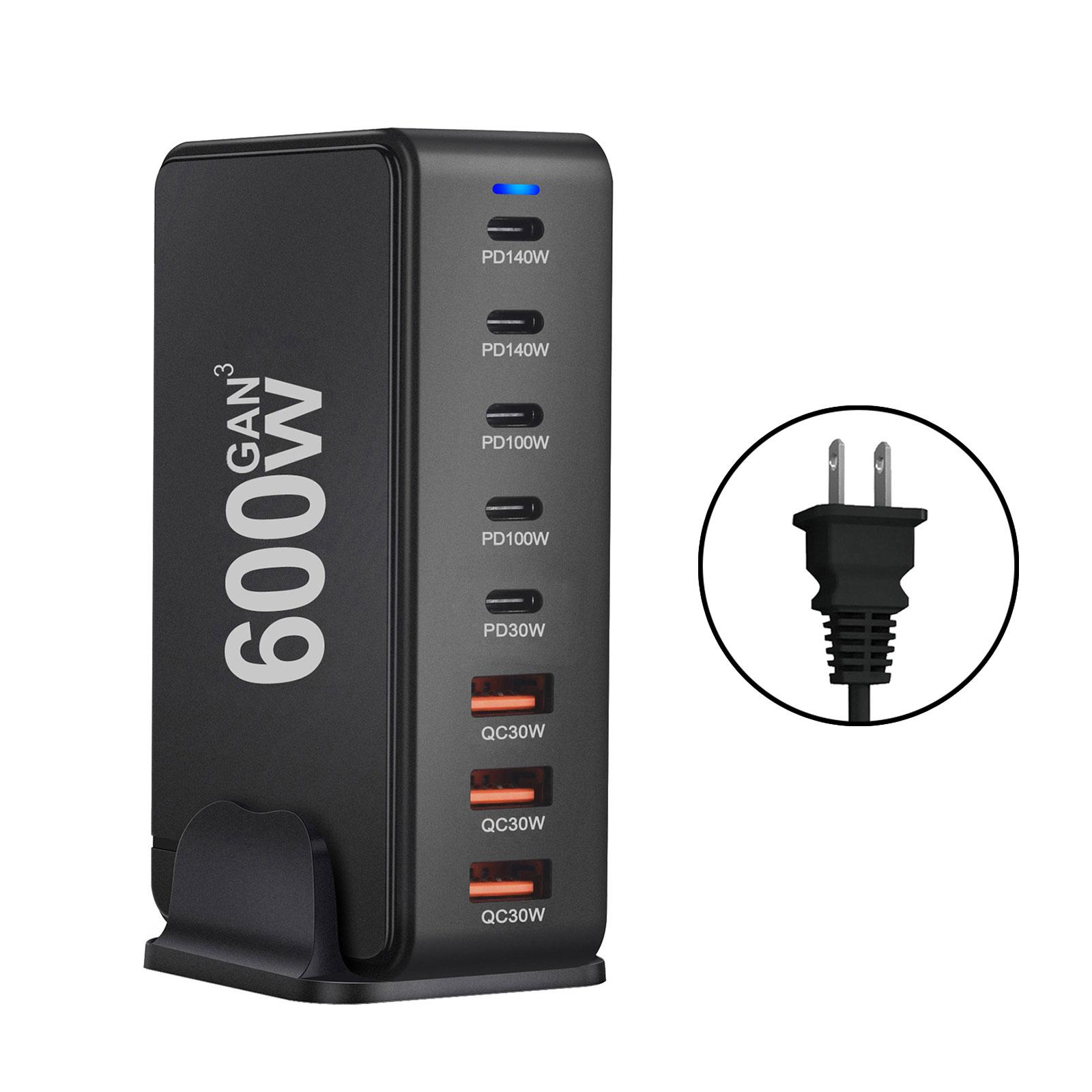 

600 Вт Настільні зарядні пристрої GaN USB C USB A Зарядна станція Настільний Mutliport для швидких зарядних пристроїв Адаптер живлення для ноутбуків US чорний