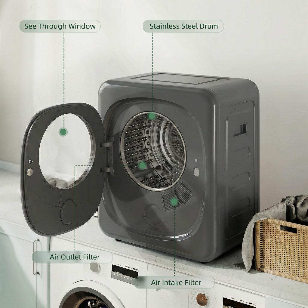 4kg Vented Tumble Dryer with 5 Drying Mode, 800W Compact Freestanding Front Tumble Dryer Grey