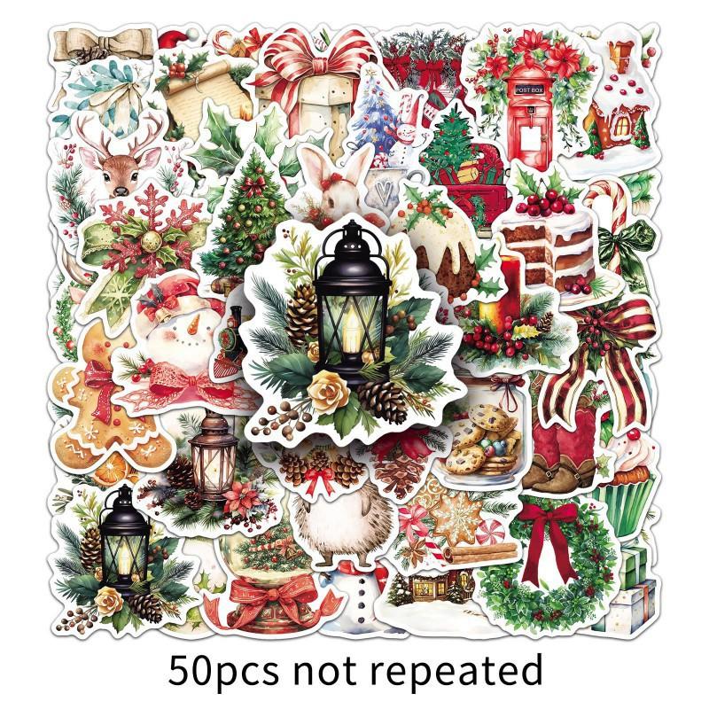 

50 Retro Watercolor Christmas Stickers Holiday Decorations Hand Curtain Water Cup