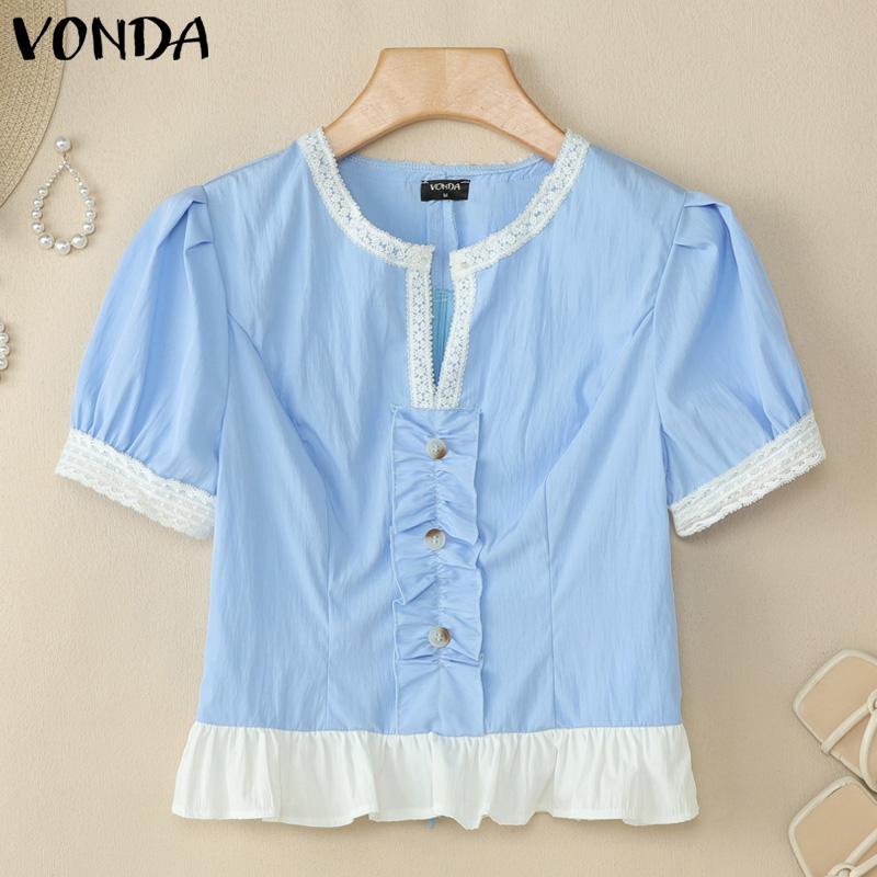 

VONDA Women Summer Short Sleeve Lace Hem Slim Waist Ruffled Casual Crop Tops 2XL