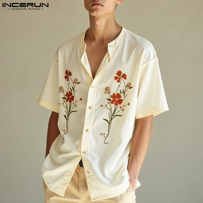 Sommer Herren Kragenlos Kurzarm Blumenmuster Lässig Locker Hemden