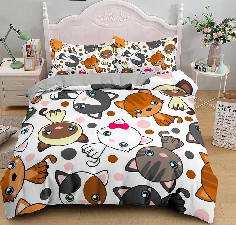 Cartoon Cute Cat Down Duvet Cover 3 Piece Set Single-Sided Printing Bedding Set Comfortable Quilt Cover With 2 Pillowcases
