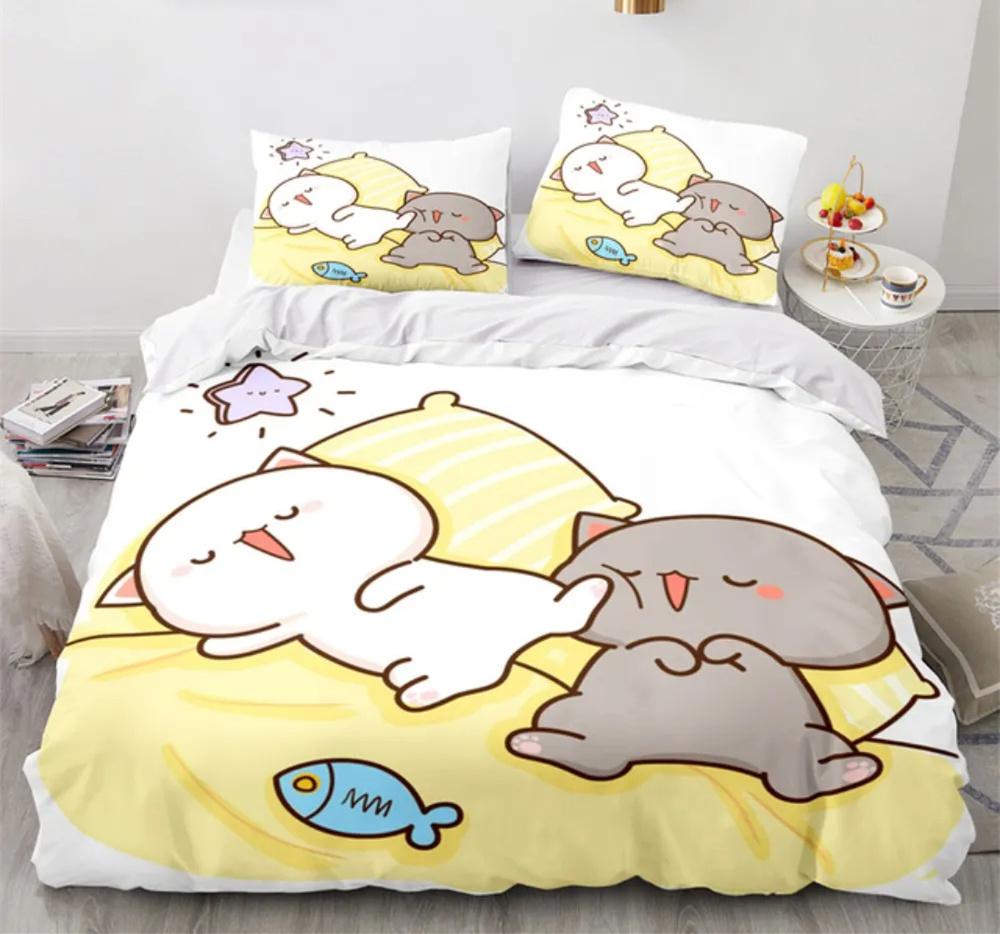 Peach Cat Bedding Quilt Cover Set 3Pcs Bedding Set Goma Cute Cats Duvet Cover Infantil Bedclothes Single Double Queen King Size