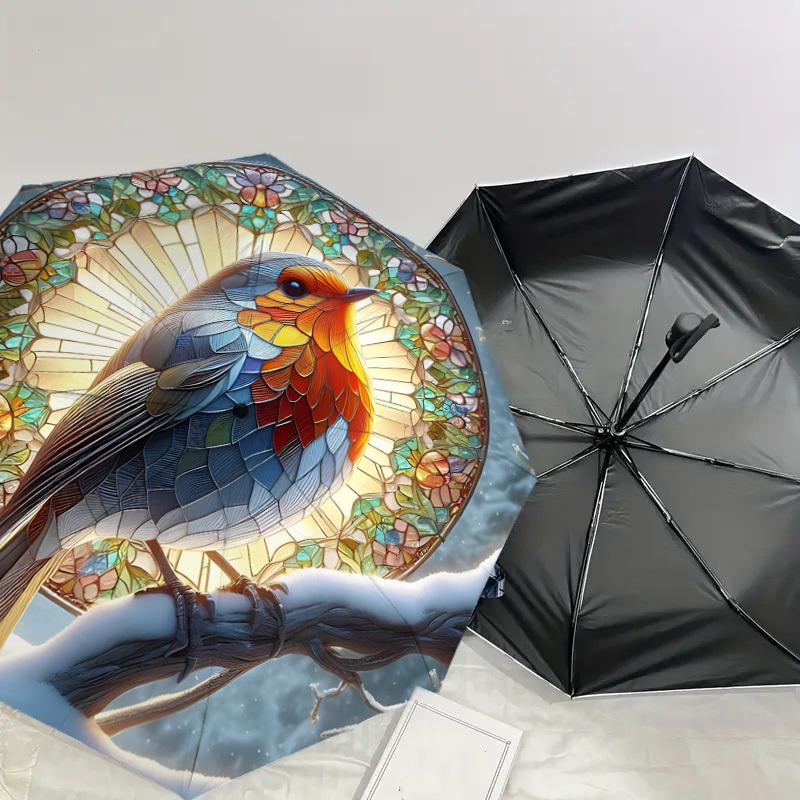 1 Stück Buntglasvogel Automatischer Öffnungs-/Schließschirm mit winddichtem, stabilem 8-Rippen-Schirmdach, Langlebige Rippen, Modisches Design, Outdoor-Accessoire, Lustiges Prin