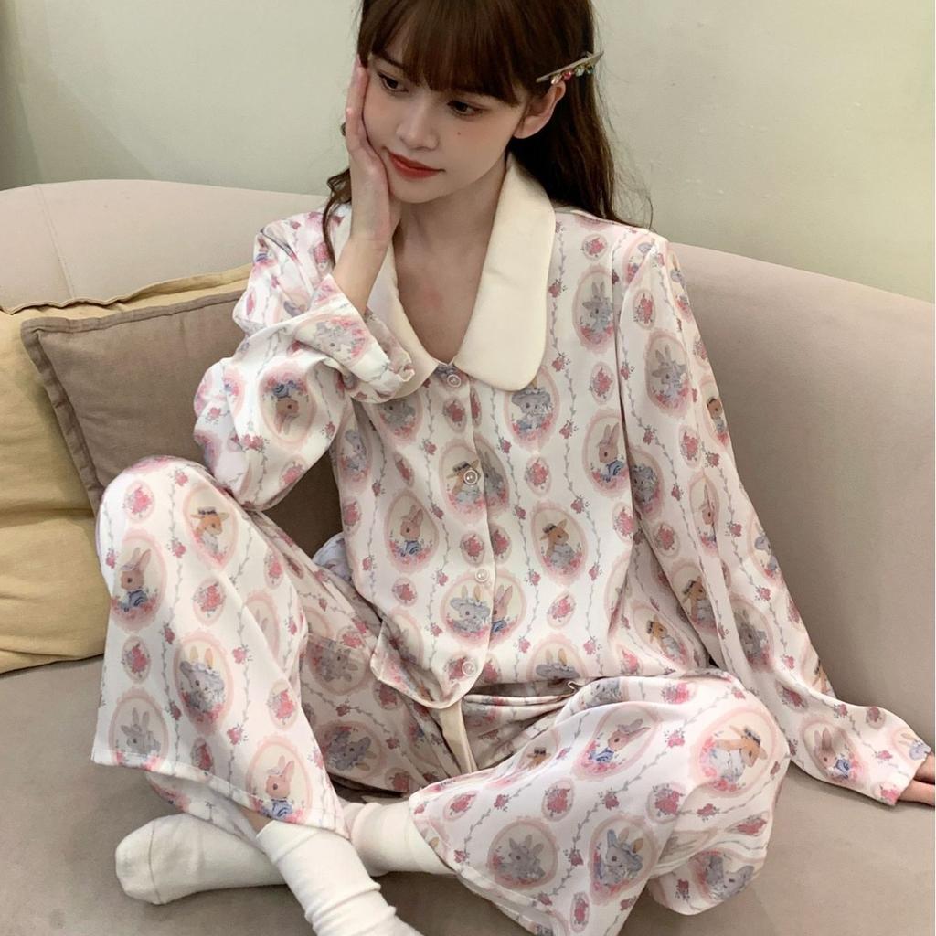 [Cute Rabbit Paradise] Ice Silk Pajamas Girl Cute Rabbit Internet Celebrity Long-sleeved Trousers Sweet Retro Loungewear Cover