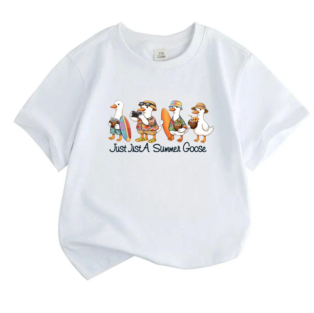 Kids Boys Girls 100% Cotton Crew Neck Short Sleeve T-Shirt, Cute Summer Travel Goose Graphic Tee, Casual Breathable Tops for Holiday Beach Daily Wear