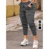 [High-Elastic Cargo Pants] Stretchy High-Elastic Women's Jogger Cargo Pants - Covered Pockets, Drawstring Waist, Solid Color Black Polyester Blend