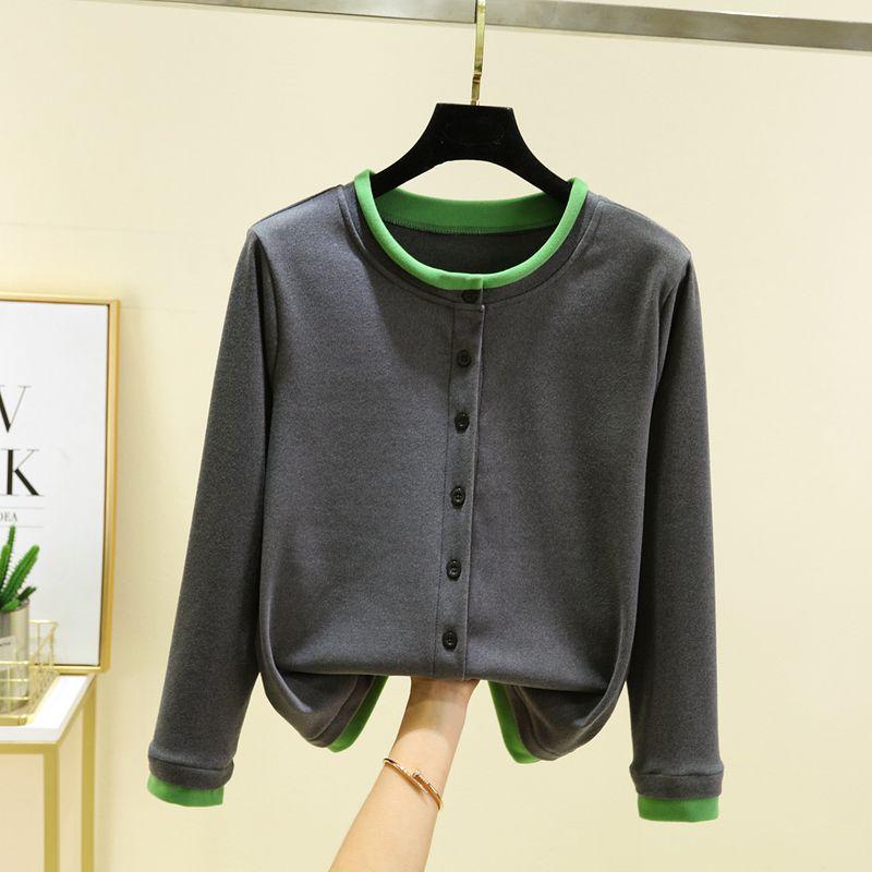 Double-sided Dralon Cardigan Top Long sleeve All-Matching Women Casual Age-Reducing Outerwear Loose Slimming round Neck Home Wear Top