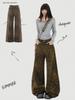 American Streetwear Retro Leopard Casual Pants Women Autumn Winter Fashion Design Versatile Slim Fit Wide Leg Long Pants