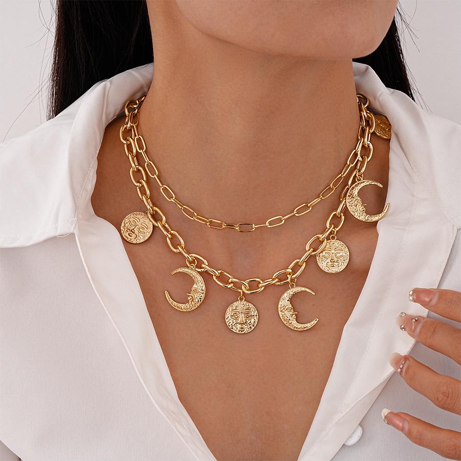 European & American Metallic Moon Sun Double Layer Necklace - High-End Retro Statement Piece for Women