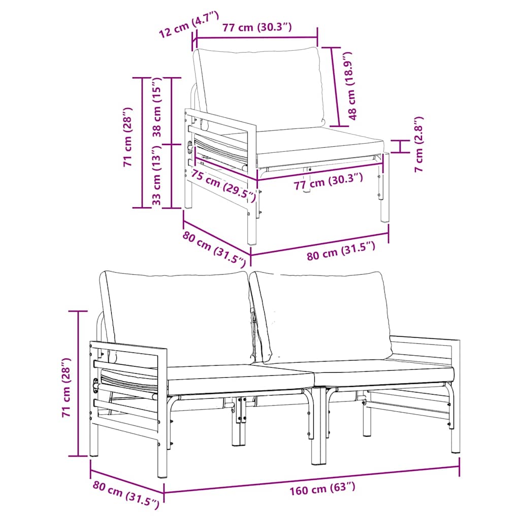 Garden Furniture with Cushions 2 Pieces Anthracite 80 X 80 X 71 Cm Steel