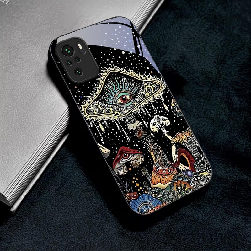 Magic Mushrooms Art Black Glass Phone Case For Redmi Note 10 11 Pro+ 12 13 14 4G (Global) 14 Pro 5G India K60Ultra 13C 14C Cover