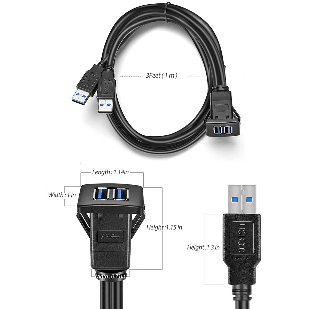3ft Dual Ports Square USB 3.0 Car Dashboard Panel Flush Mount Extension Cable