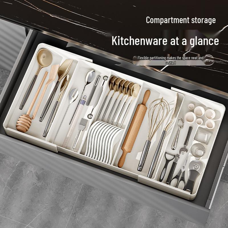 Kitchen Drawer Organizer Box: Built-in Dividers for Cutlery, Chopsticks, Spoons, Cling Film & Retractable Features