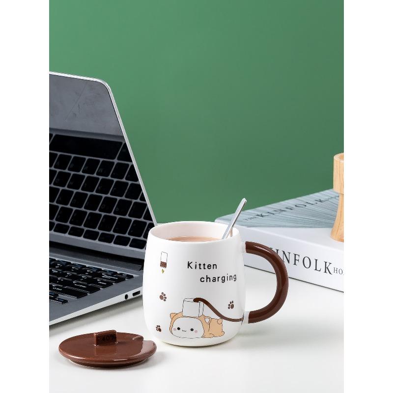 Creative Cartoon Charging Kitten Student Ceramic Cup with Lid Spoon High Temperature Resistant Mug Cup Advertising Gift Cup
