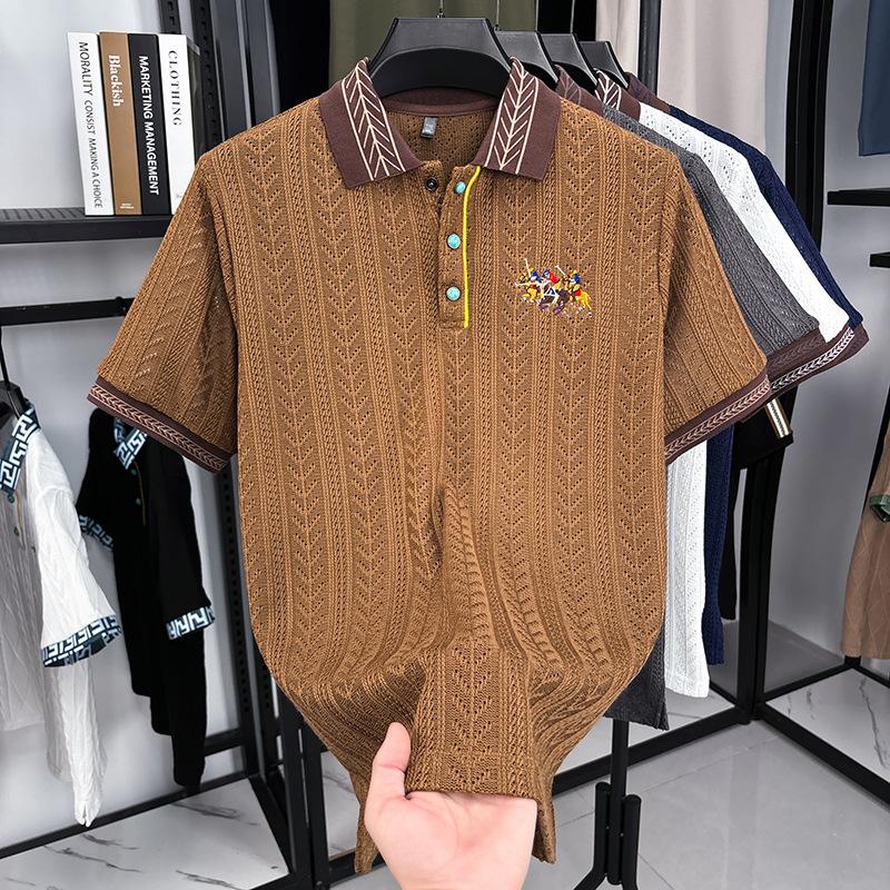 New Short-sleeved T-shirt Men's Autumn Knitted Sweater Embroidered Pattern Matching Jacquard Top