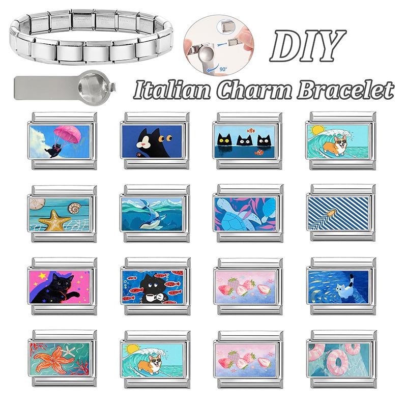 Y2K Lovely Animals Dog Cat Starfish Blue Italian Charm Fit 9mm Stainless Steel Women Men DIY Making Bracelet Jewelry Wholesale