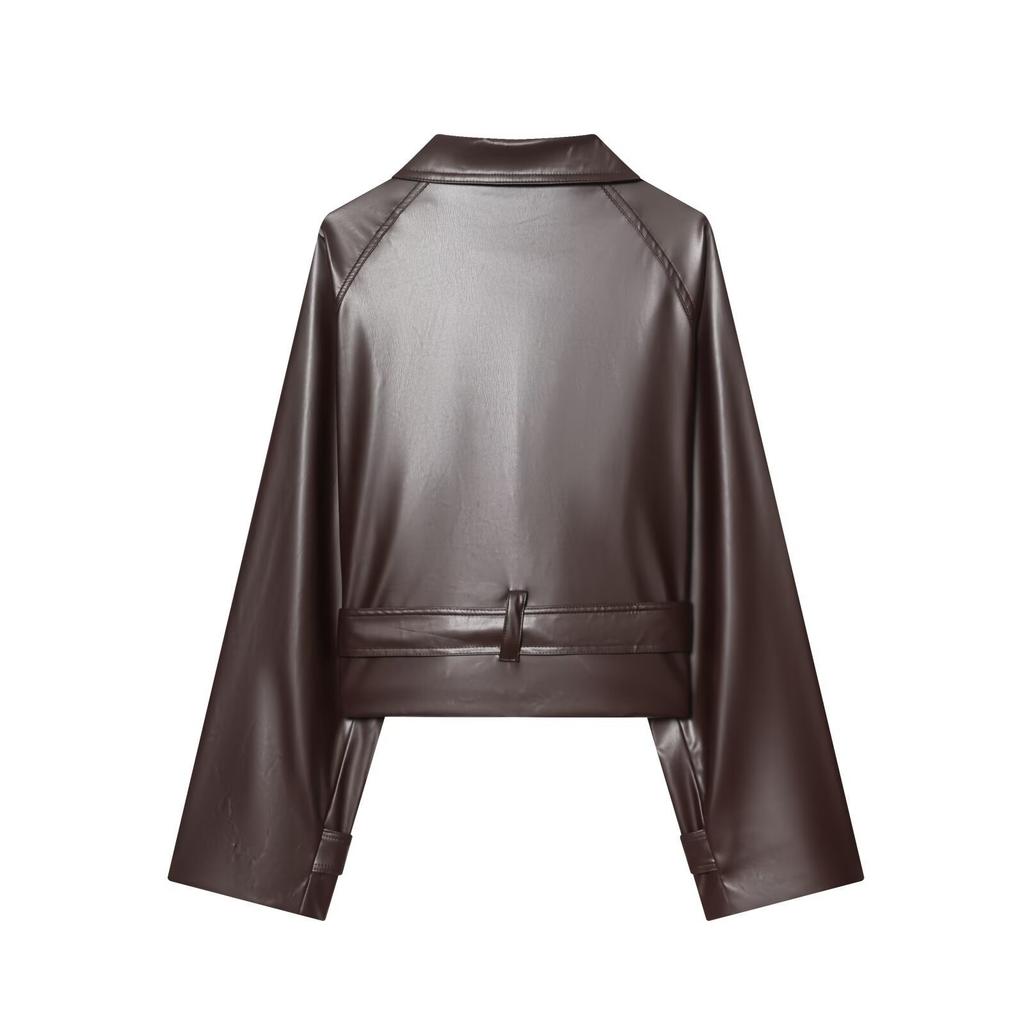 2026 spring new European and American cross-border women's clothing double-breasted belt decorative lapel imitation leather trench coat w063 Z103