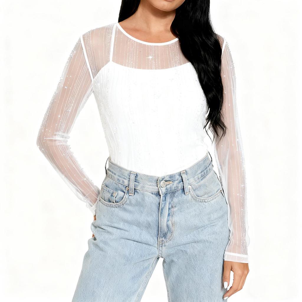 Women's High-Neck Sequin Long Sleeve Top - Spring/Autumn 2026, Stylish & Transparent Inner Layer