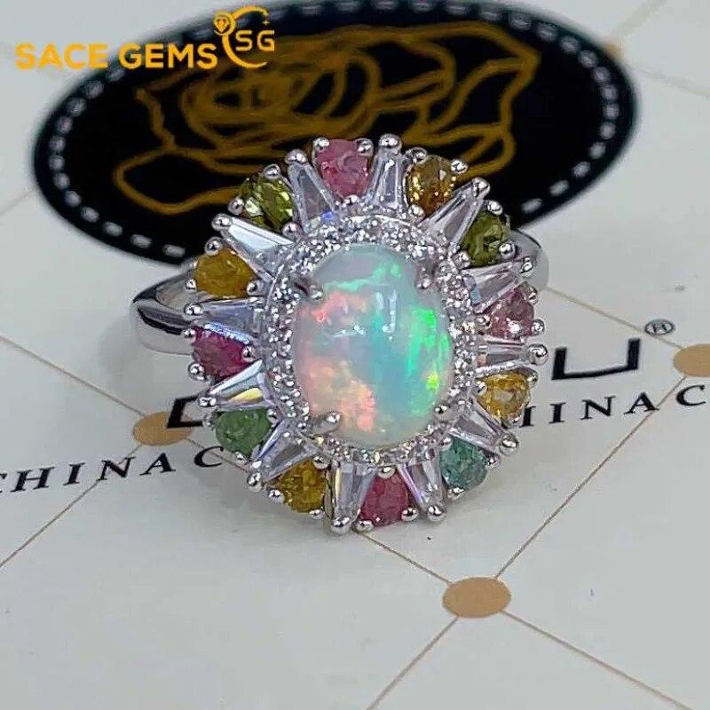 Sace Gems Ringe aus 925er-Sterlingsilber, 7 x 9 mm, natürlicher Opal-Edelstein, für Damen, Verlobung, Cocktailparty, edler Schmuck