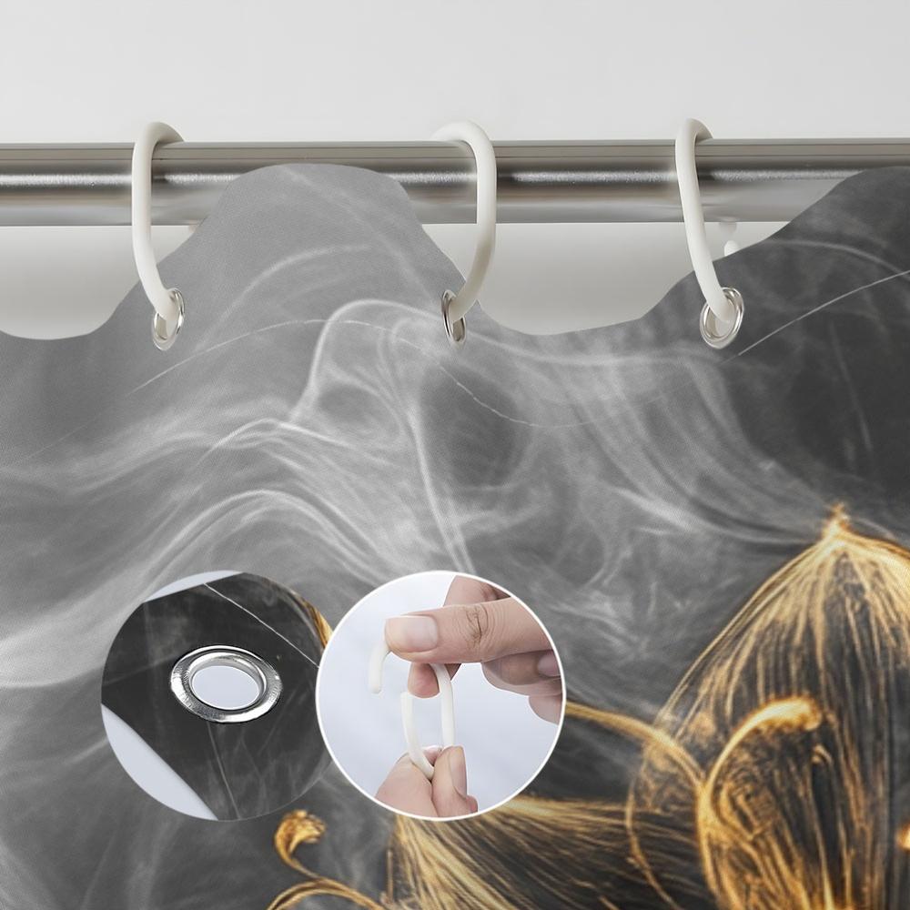 Exposure Golden Flower And Smoke Spread Shower Curtain, Elegant Abstract Floral Design, 12 Hooks Bathroom Shower Curtain