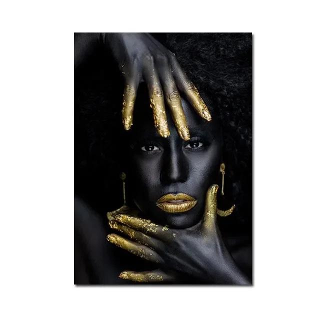 African Women Canvas Painting Black Gold Woman Poster and Prints Scandinavian Wall Art Picture for Home Decor Living Room Mural