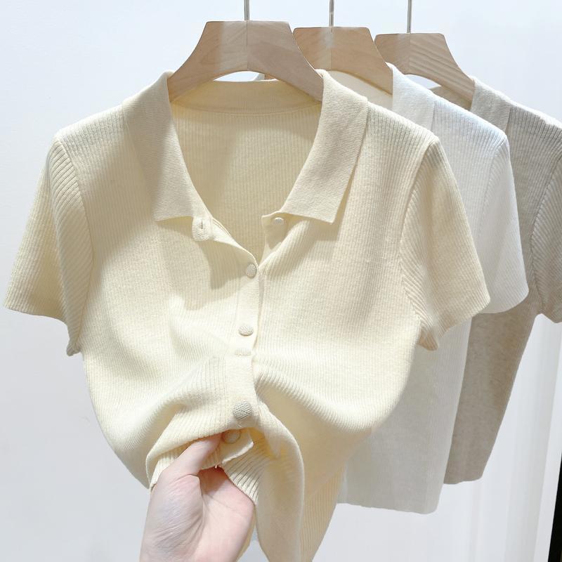 Women's Thin Polo Neck Knitted T-shirt Summer Solid Color Versatile Short Cardigan Top