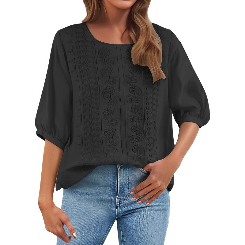 Summer Elegant Embroidery Loose Women Blouse Large Size Casual T-shirt Loose Simple Office Solid Color Fashion Elegant O Neck Sweet Shirts Clothing