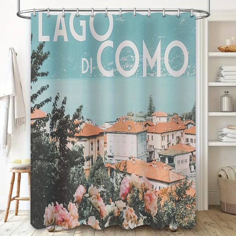 Vintage Italian Village Shower Curtain Mediterranean Coastal Aesthetic Bathroom Decor Rustic Tuscan Home Decor Wall Art Scenic L