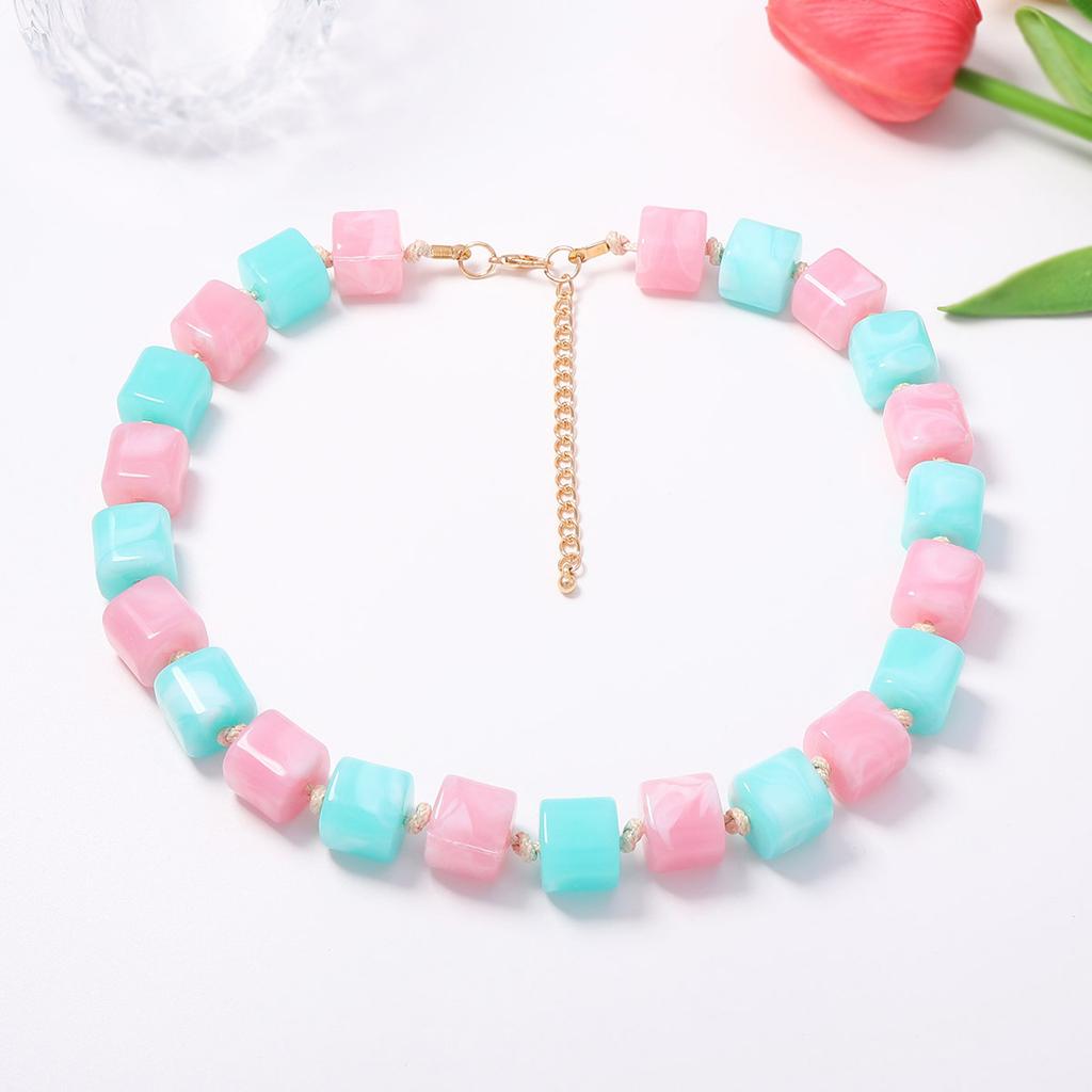 Fashion Versatile Creative Color Smudge Geometric Resin Square Beaded Necklace Simple Trend Women's Necklace