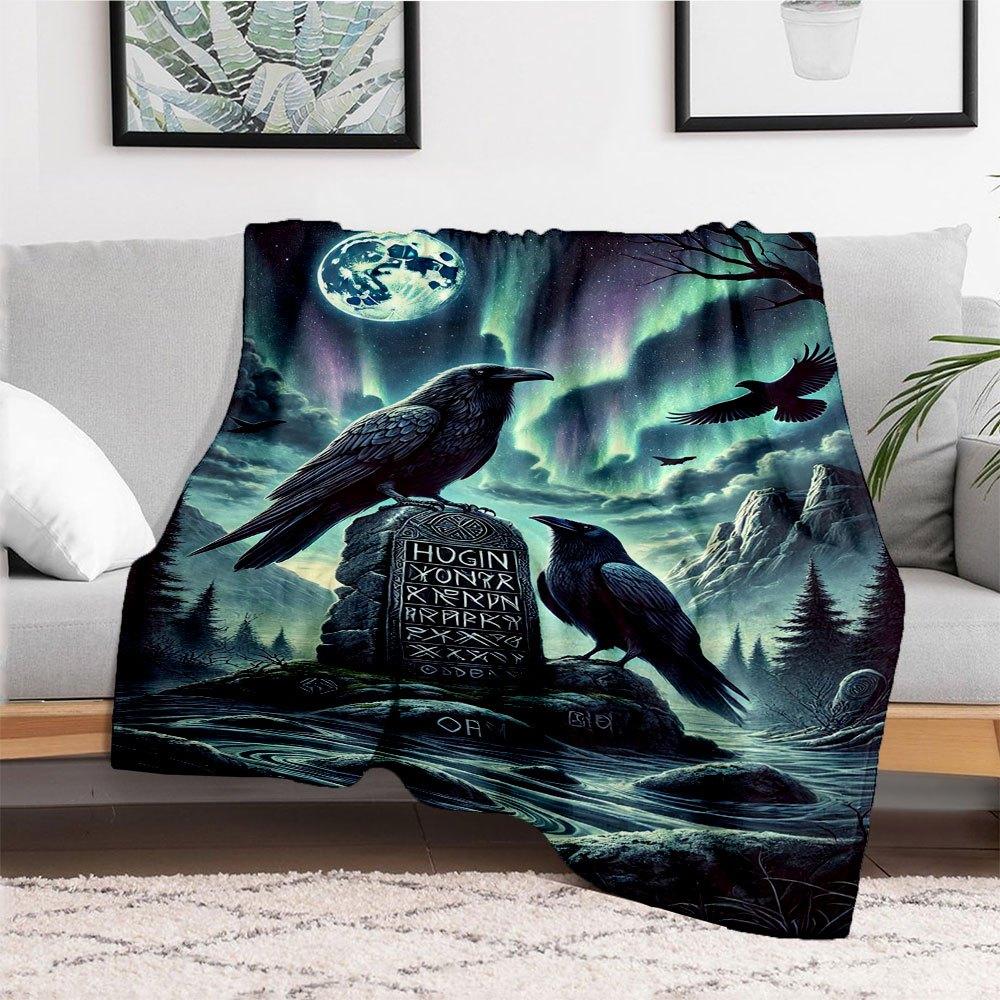 "Midnight Mystique: Raven Statue with Norse Runes - Perfect for Fantasy Enthusiasts"Blanket Flannel Throw Blanket for Sofa, Bed, Travel, Cam