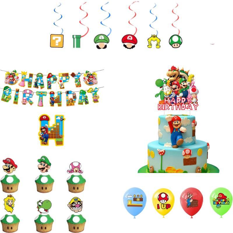 Mario Theme Party Decorations Set Flags, Cake Toppers, Balloons, And Spirals For An Amazing Party Atmosphere!