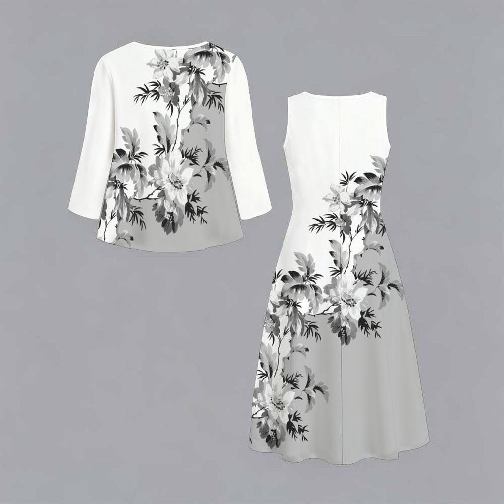 Oversized Ladies Two Piece Set Printed Slip Dress With Long Sleeve Open Front Cardigan