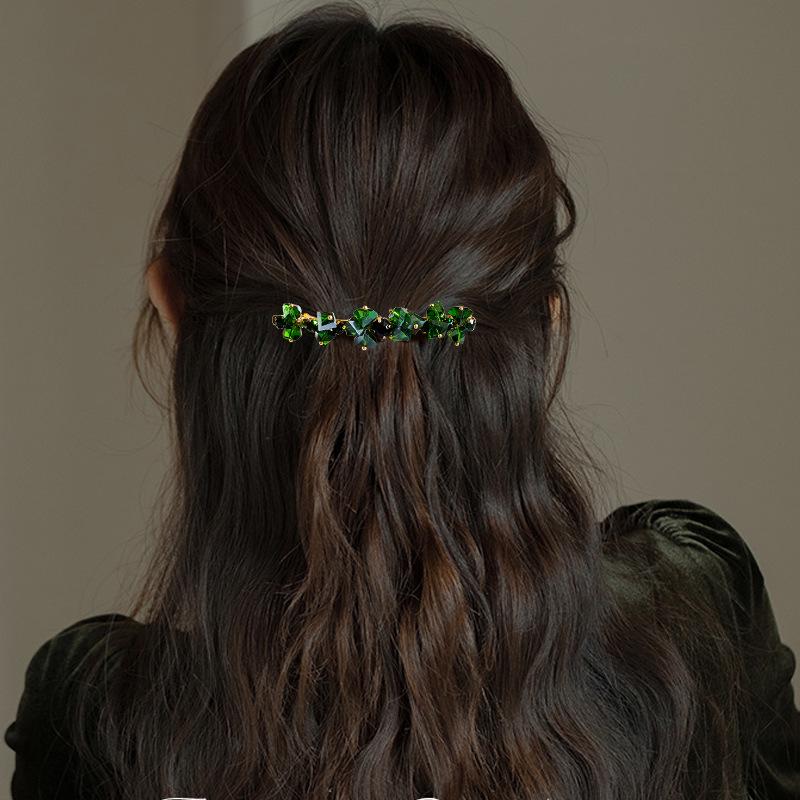 Dark Green Crystal Beaded Luxury Spring Clip - Handmade for a Fresh, High-End Feel